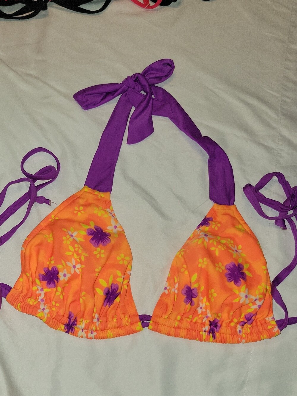 Womans Orange Floral Halter Bikini Top with Purple Ties